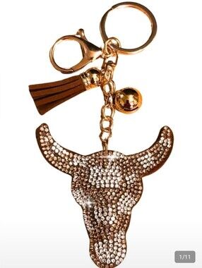 Gold Crystal Bull Head Keychain with Tassel